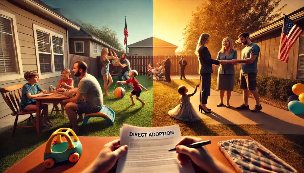A wide-angle, photo-realistic, cinematic image capturing the comparison between foster-to-adopt and direct adoption from foster care. The scene is set in a warm summer afternoon at a Texas adoption center. On one side, a family is fostering a child, engaging in playful activities in a backyard setting. On the other side, another family is finalizing a direct adoption at a courthouse, holding adoption papers and celebrating. The golden-hour lighting enhances the emotional and heartfelt contrast between the two paths to adoption.