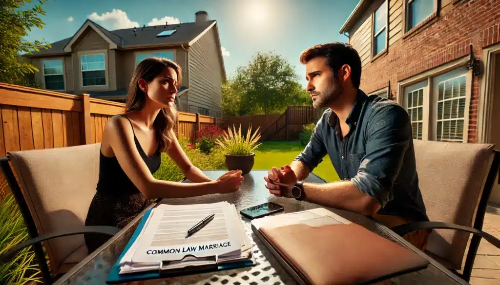 A wide-angle, photo-realistic, cinematic image capturing a summer vibe. The scene depicts a couple in their mid-30s sitting at an outdoor patio table, engaged in a serious discussion about their common law marriage rights under Texas law. Legal documents, a laptop, and a notepad are spread between them. The woman looks concerned, while the man listens intently. The background features a warm suburban setting with lush greenery, a wooden fence, and a bright summer sky. The atmosphere reflects both tension and the importance of their conversation.