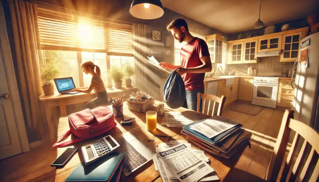 A wide-angle, photo-realistic, cinematic image of a parent juggling various tasks on a summer day. The scene shows a parent organizing school bags for children, sorting through a stack of bills on a kitchen table, with a laptop open in the background displaying work deadlines. The atmosphere reflects the warm, bright tones of a sunny day with summer vibes. The setting is a cozy home, with windows open to a sunlit yard. The expressions on the parent's face show both determination and slight stress, hinting at a financial concern. No camera equipment visible.