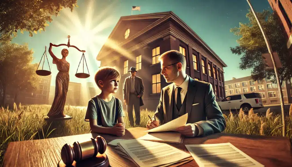 A wide-angle, photo-realistic, cinematic image set on a warm summer day, capturing the theme of navigating complex child custody cases with the help of a family lawyer. The scene shows a family lawyer and a parent discussing outside a courthouse or legal office, with paperwork and documents in hand. The parent's expression shows concern, while the lawyer offers calm, professional advice. In the background, the courthouse stands tall, bathed in warm sunlight, symbolizing hope and guidance. The overall atmosphere blends seriousness with optimism, highlighting the importance of legal assistance in complex child custody cases.