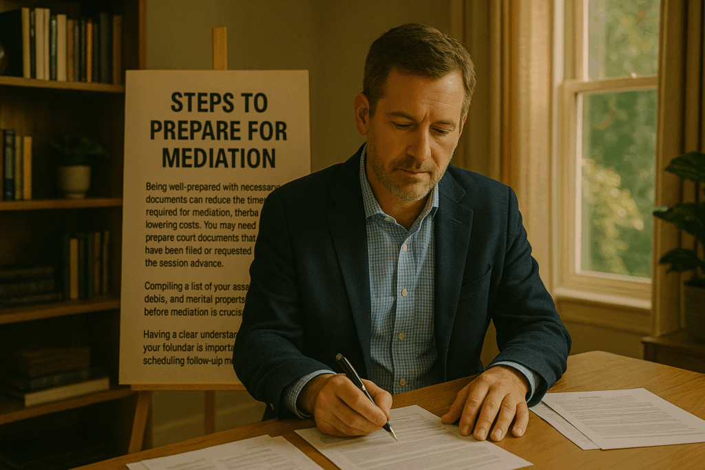 A middle-aged man with short brown hair and a trimmed beard sits at a wooden desk in a warmly lit room, reviewing and signing mediation documents. Behind him, a sign on an easel reads "STEPS TO PREPARE FOR MEDIATION" with supporting text. Sunlight streams through a nearby window, casting a soft glow on the bookshelf and indoor plants in the background, creating a calm, professional atmosphere.