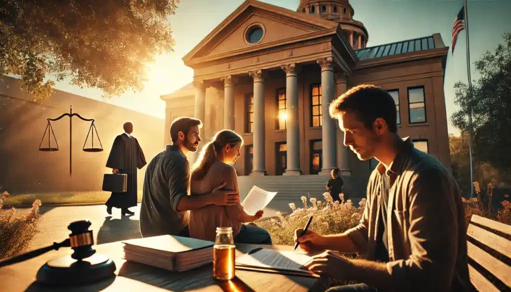 A wide-angle, photo-realistic cinematic image with summer vibes. A Texas courthouse bathed in warm sunlight, where a parent and a caregiver sit on a bench outside, reviewing legal paperwork for obtaining temporary authorization. A lawyer stands nearby, offering guidance. In the background, a judge walks up the courthouse steps, symbolizing the legal process. The scene conveys a sense of importance and reassurance, with the golden summer light adding warmth and hope.