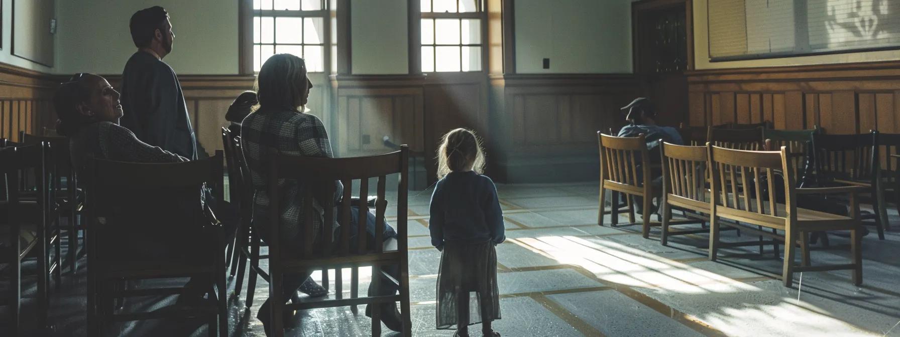 a poignant courtroom scene captures a tense moment between parents discussing custody arrangements, with a focus on a child’s empty chair symbolizing the emotional impact of relocation on family dynamics.