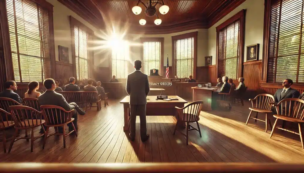 A wide-angle, photo-realistic, cinematic illustration of an individual preparing to testify in a Texas courtroom during a temporary orders hearing. The person stands at the witness stand, looking slightly anxious yet determined. The courtroom is warmly lit by summer sunlight streaming through large windows, casting a soft glow over the wood paneling and classic decor. Attorneys and observers are present, with a serious yet calm atmosphere. The scene captures a realistic, inviting summer vibe while focusing on the individual preparing to speak.
