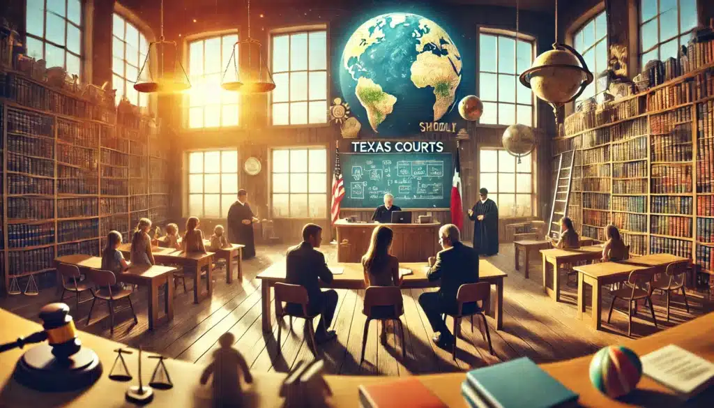 A wide-angle, photo-realistic cinematic image with summer vibes, depicting Texas courts ensuring children's educational stability during custody disputes. The scene shows a courtroom with a judge and two parents seated with their attorneys, discussing educational arrangements. In the background, a school-themed board displays books, a globe, and a classroom setting, symbolizing educational focus. Through large windows, sunlight filters in, highlighting a warm and hopeful atmosphere. The image emphasizes justice, children's well-being, and stability.