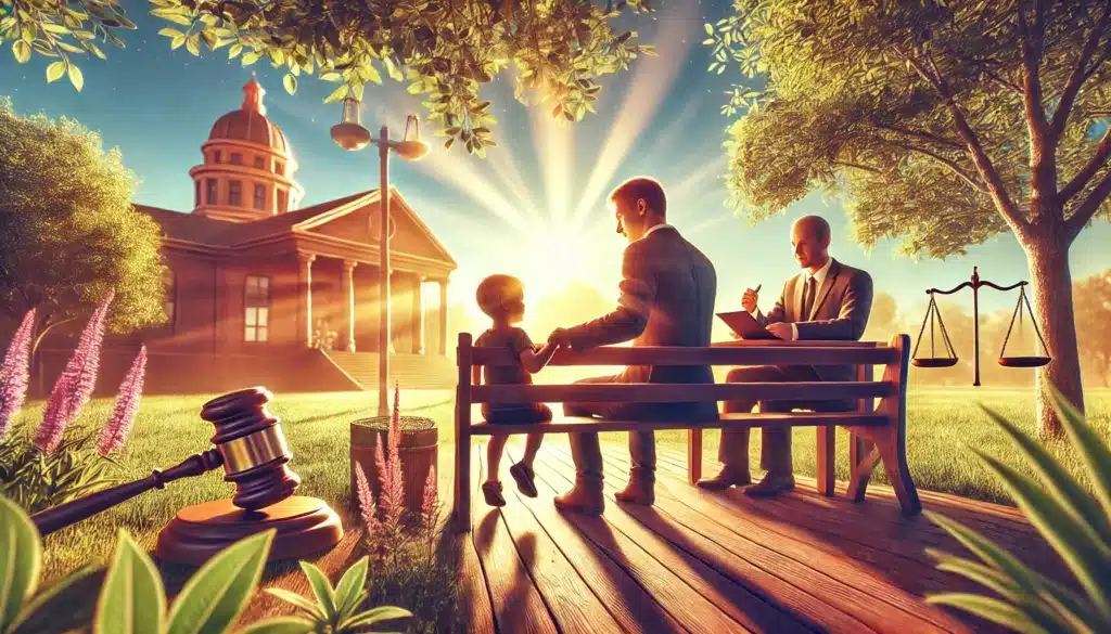 A wide-angle, photo-realistic cinematic illustration showing a visual guide offering practical advice for fathers to protect their parental rights. The scene captures a summer day with warm sunlight, a father and child interacting at a park bench, with a lawyer providing advice nearby, symbolizing legal guidance. In the background, a subtle courthouse symbolizes the legal aspect. The overall mood is hopeful, reflecting the father’s proactive steps to secure his parental rights, while the summer vibes add a warm, positive tone to the image. No text or camera equipment.