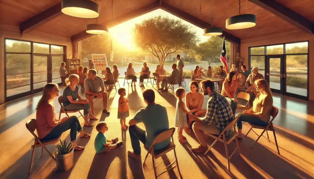 A wide-angle, photo-realistic, cinematic image capturing post-adoption support services for families in Texas. The scene is set in a warm summer afternoon at a community center, where adoptive families are gathered. A support group meeting is taking place with parents and social workers in a welcoming environment, discussing resources and guidance. Nearby, children play together under the golden-hour sunlight, symbolizing stability and a bright future. The warm lighting and inviting atmosphere highlight the importance of ongoing support for adoptive families.