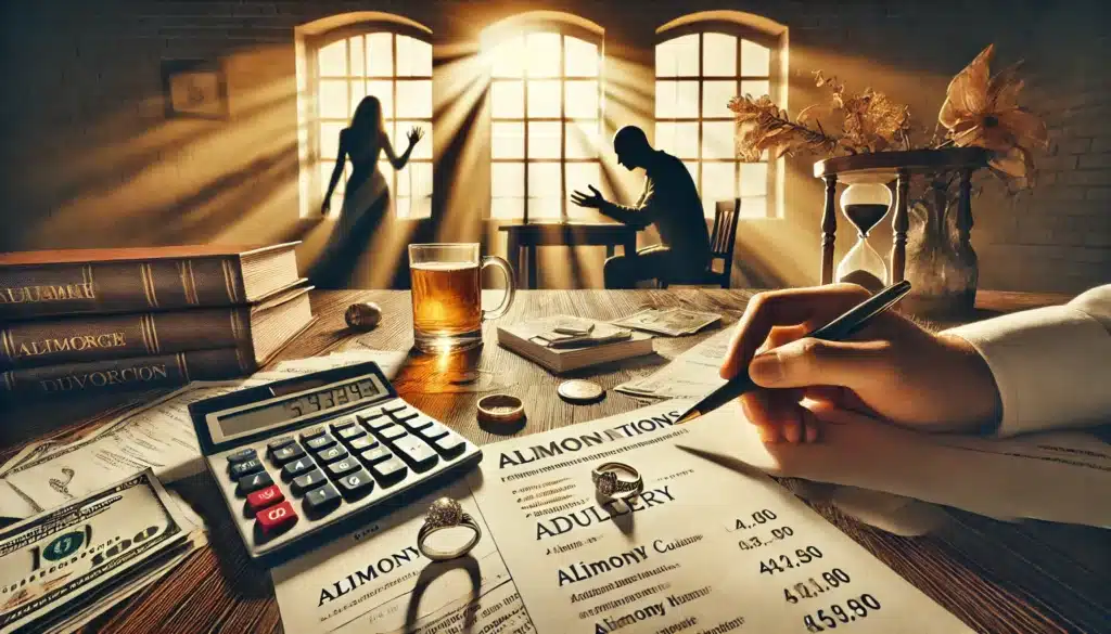 A wide-angle, photo-realistic cinematic image with summer vibes, depicting the financial consequences of adultery in divorce proceedings. A stressed individual sits at a desk covered in financial documents, alimony calculations, and a legal notice. A wedding ring is placed beside a calculator, symbolizing the financial fallout. In the background, a shadowy figure walks away, emphasizing the emotional toll. Sunlight streams through a window, casting a dramatic yet warm glow on the scene.