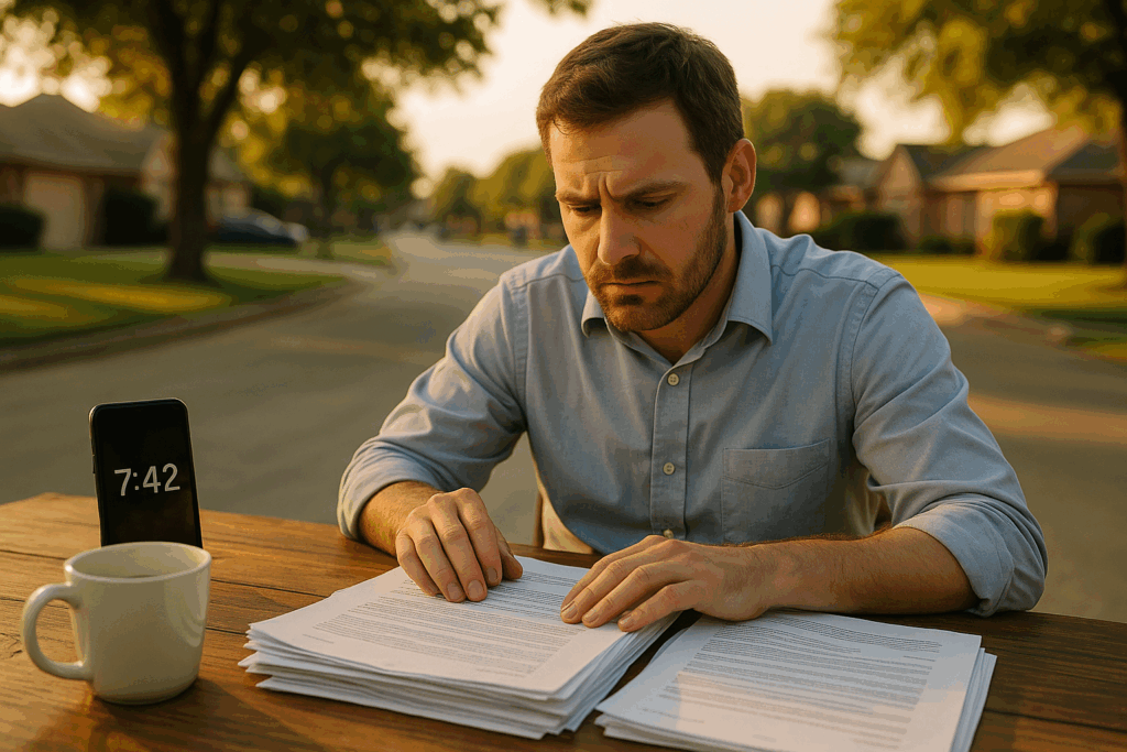 A man in a light blue shirt sits at an outdoor table on a quiet suburban street at 7:42 a.m., studying legal documents with a focused expression. A cup of coffee, smartphone, and a stack of papers reflect the theme of Division of Asets in Texas Divorce, capturing the stress and planning often involved in early morning legal preparation.