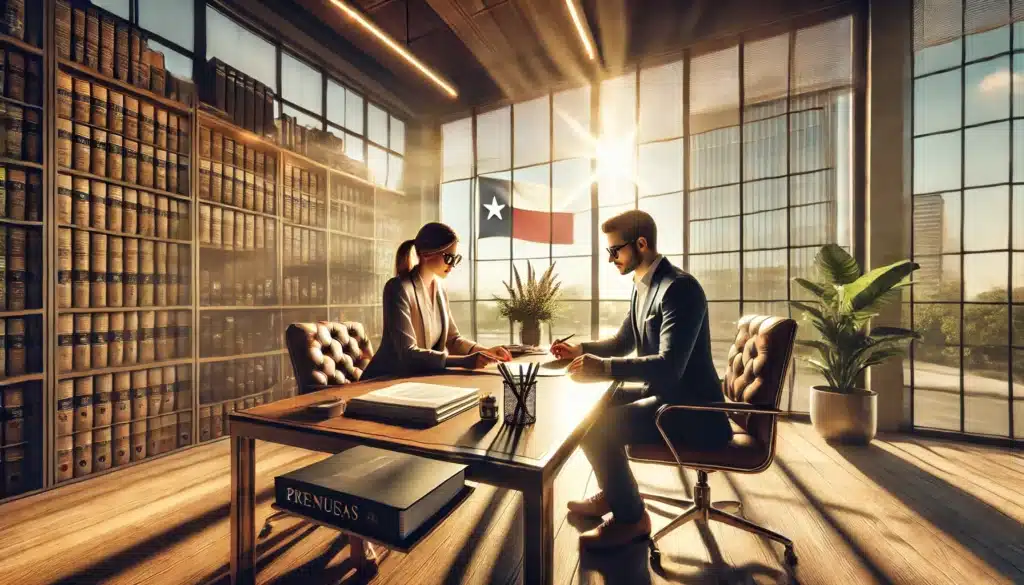 A wide-angle, photo-realistic, cinematic illustration depicting the concept of prenuptial agreements in Texas. The image captures a symbolic scene in a modern office setting during summer, with warm sunlight streaming through large windows. In the foreground, a couple sits at a polished desk, reviewing documents with an attorney. The atmosphere is calm and professional, with subtle Texas-themed decor, like a Texas flag in the background, and small details suggesting financial and legal planning (books, pens, paper stacks). The couple is dressed in smart-casual summer attire, giving a relaxed yet serious mood. Captured in a cinematic style, with inviting summer vibes and a subtle Texas touch.