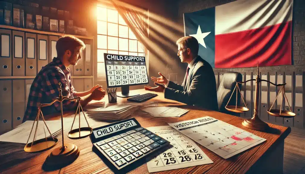 A wide-angle, photo-realistic cinematic image illustrating the calculation of child support and visitation rights in Texas custody cases. The scene features a legal office where a lawyer is explaining financial documents and custody schedules to a concerned parent. A laptop screen displays a child support calculator, and a calendar with visitation dates is open on the desk. The Texas flag and scales of justice are subtly placed in the background. Sunlight streams through a window, casting a warm summer glow over the wooden desk, adding a sense of realism and gravity to the scene.