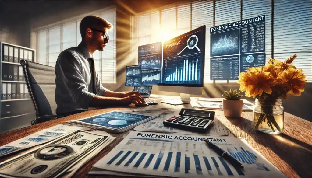 A wide-angle, photo-realistic, cinematic image with summer vibes. A forensic accountant in a professional office, analyzing financial documents on a large desk. Multiple computer screens display charts, transaction histories, and evidence of hidden assets. Sunlight streams through the window, highlighting the accountant’s focused expression. The scene represents the role of forensic accountants in a Texas divorce, uncovering financial discrepancies and ensuring fair settlements.