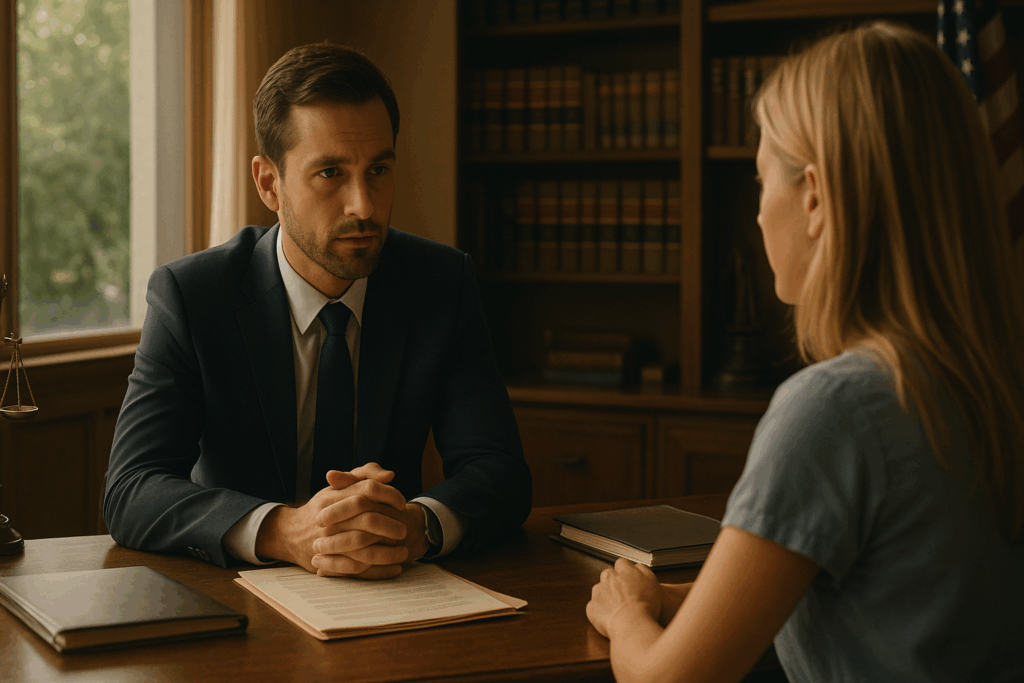 Wide-angle view of a male lawyer in a navy suit attentively listening to a female client in a sunlit office, with legal books and the scales of justice in the background.