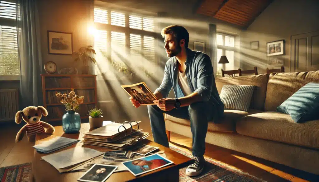 A cinematic, photo-realistic wide-angle image of a concerned parent looking at family photos during a custody dispute. The setting is a warmly lit living room with summer sunlight streaming through a window. The parent, dressed casually, sits on a couch holding a stack of old family pictures, with a worried expression. A legal document or custody paperwork rests on a nearby coffee table, symbolizing the ongoing legal battle. The atmosphere is emotional yet contemplative, highlighting the deep personal impact of child custody cases. The background features subtle elements like children's toys or artwork, reinforcing the presence of a child in the parent's life.