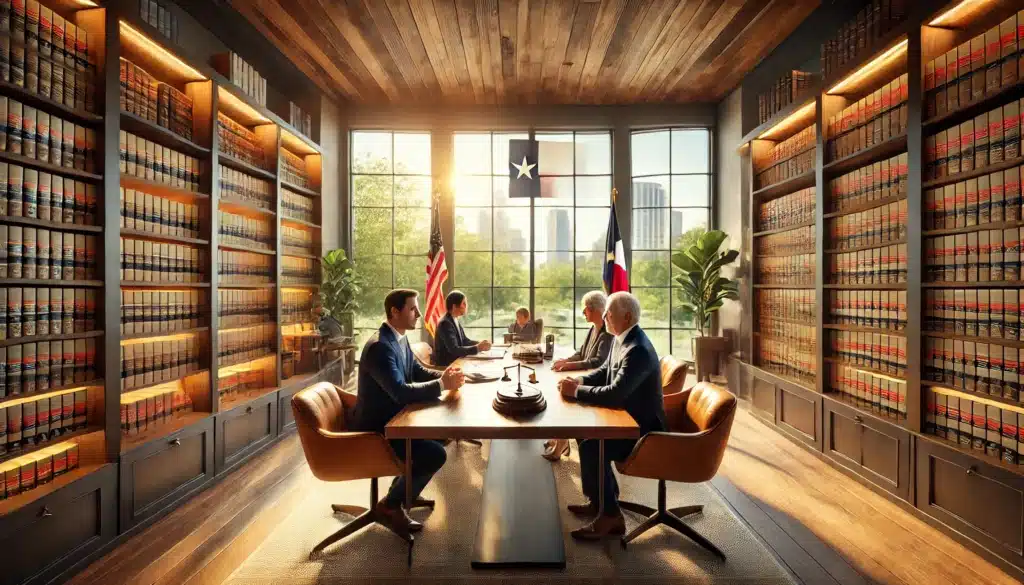 A photo-realistic, wide-angle image of joint conservatorship attorneys in Bellaire, Texas, advising clients. The setting is a modern legal office with warm and inviting decor, including large windows letting in natural summer light. The attorneys are seated at a polished wooden table, engaged in a professional yet approachable conversation with their clients. The office features shelves with legal books, a Texas flag in the background, and a calm, professional atmosphere. The image evokes a cinematic and summer vibe, highlighting professionalism and trust.