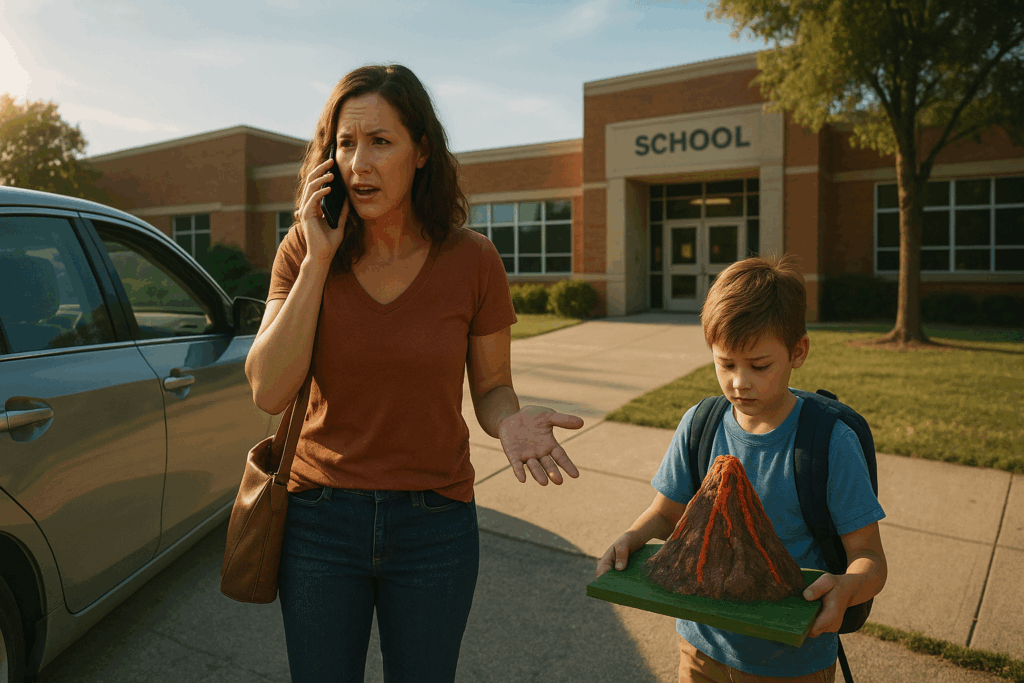 Mother talking on the phone outside a school while her son holds a homemade volcano project, capturing the chaos of parenting during a custody battle.