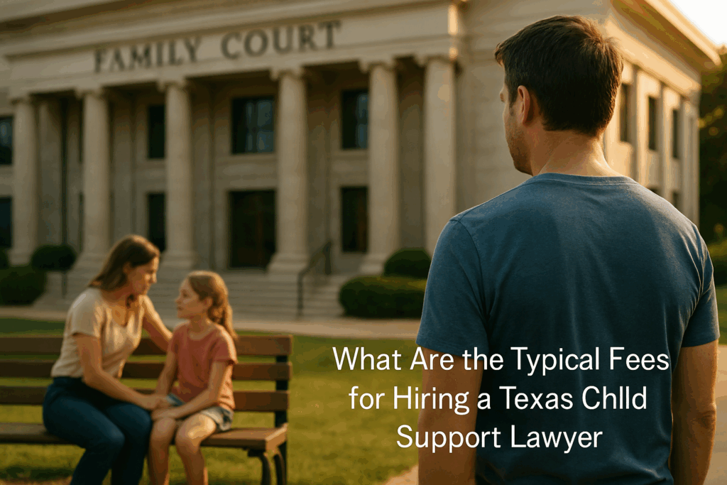 A man stands outside a Texas family courthouse at sunset, looking toward a mother and daughter seated on a bench, symbolizing reflection during a child support case.