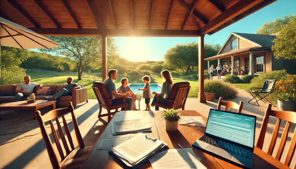 A cinematic, wide-angle, photo-realistic image of a family-oriented scene in a summer setting in Texas. The image showcases a peaceful outdoor environment with clear blue skies, warm sunlight, and lush greenery. A family is engaging in a meaningful discussion, symbolizing the importance of paternity and connection. A table with documents and a laptop is nearby, suggesting legal and personal matters being addressed in a positive and collaborative atmosphere. The scene feels hopeful and emphasizes the significance of establishing paternity while capturing the essence of summer vibes.