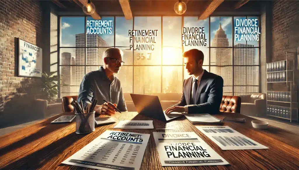 A wide-angle, photo-realistic cinematic image with summer vibes, depicting a financial planning office in Texas. A financial advisor in a suit sits at a large wooden desk, reviewing financial documents labeled 'Retirement Accounts' and 'Divorce Financial Planning' with a divorcing client. The client looks determined, taking notes while reviewing a laptop displaying investment charts. Sunlight streams through large windows, highlighting a Texas cityscape in the background. The scene conveys financial strategy, asset protection, and the importance of planning during a divorce.