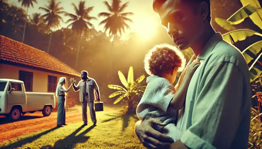 A wide-angle, photo-realistic cinematic illustration representing circumstances that require temporary custody. The image shows a concerned parent holding a child in a tense situation, set outdoors in a summer environment. In the background, the scene hints at potential danger or neglect from another figure, while the child clings to the parent for protection. The summer vibes are reflected in warm lighting, green grass, and vibrant trees, contrasting the emotional intensity of the scene. The atmosphere is both protective and urgent, symbolizing the need for immediate legal intervention.