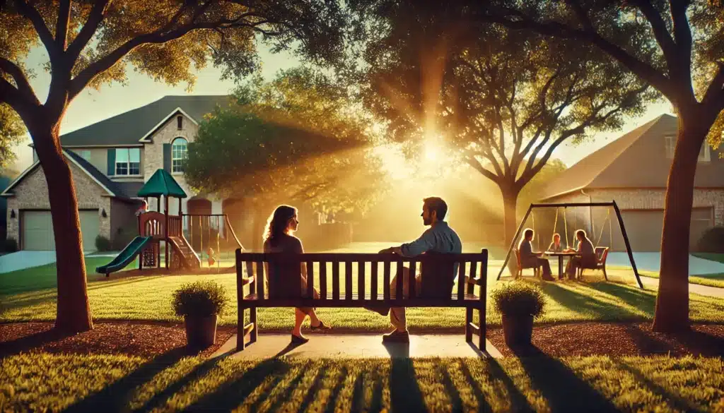 A cinematic, wide-angle, photo-realistic image showcasing the theme of 'benefits of temporary orders mediation during divorce proceedings.' Set in a warm, sunlit Texas summer afternoon, with a calm suburban park. A couple is seated on a park bench, slightly apart but engaged in a calm, reflective conversation. In the background, a family home and a playground are visible in soft focus, symbolizing family and stability. The golden-hour sunlight filters through lush trees, casting gentle shadows, creating a peaceful and balanced scene that captures the hope and collaborative spirit of mediation.