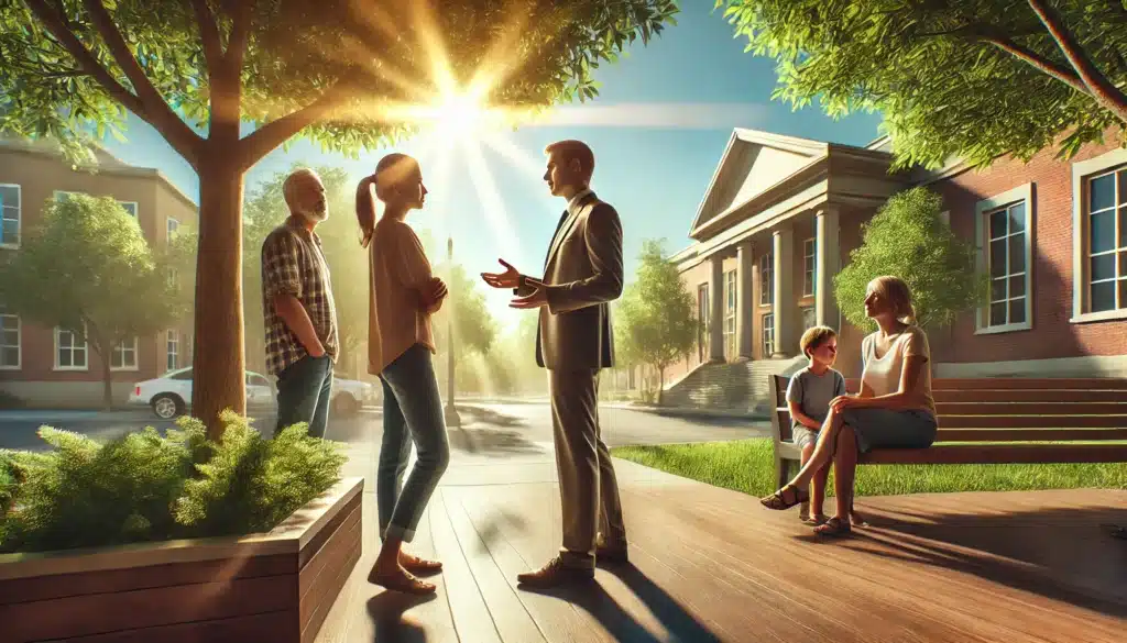 A wide-angle, photo-realistic, cinematic image with summer vibes, depicting the importance of consulting an experienced family law attorney. The scene shows a calm, outdoor setting near a law office or courthouse with a friendly, professional attorney talking with a client. The atmosphere is warm and supportive, with sunlight filtering through trees. The attorney is dressed professionally and gestures in a way that shows confidence and understanding. Nearby, a parent is listening intently, creating a sense of trust and reassurance. The background includes greenery and a bright blue sky, adding to the positive, hopeful tone.