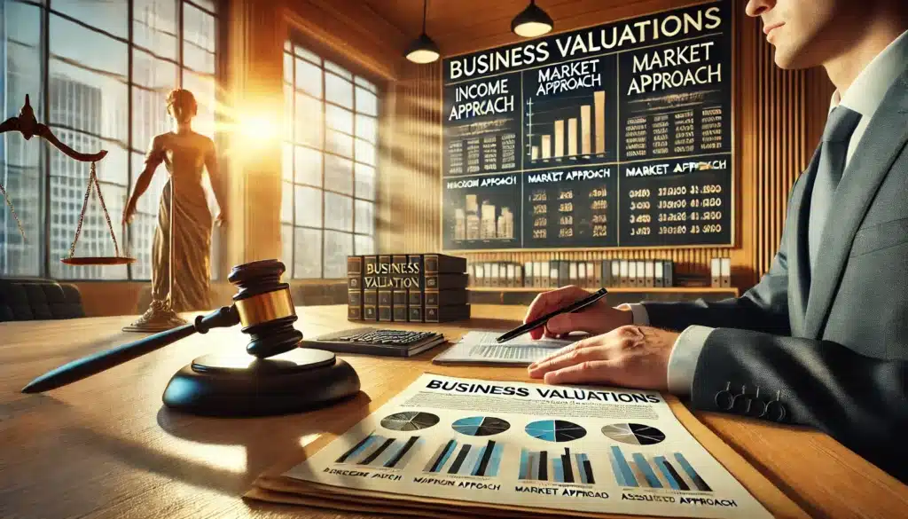 A photorealistic, cinematic wide-angle image illustrating the role of business valuations in divorce proceedings. The scene features a business valuation expert analyzing financial documents, with charts displaying key valuation methods such as income approach, market approach, and asset-based approach. A judge’s gavel and legal paperwork are prominently placed on a polished wooden table. The background showcases a professional office with warm summer sunlight streaming through large windows, creating a serious yet inviting atmosphere. The image conveys the complexities of determining business value in a divorce case.