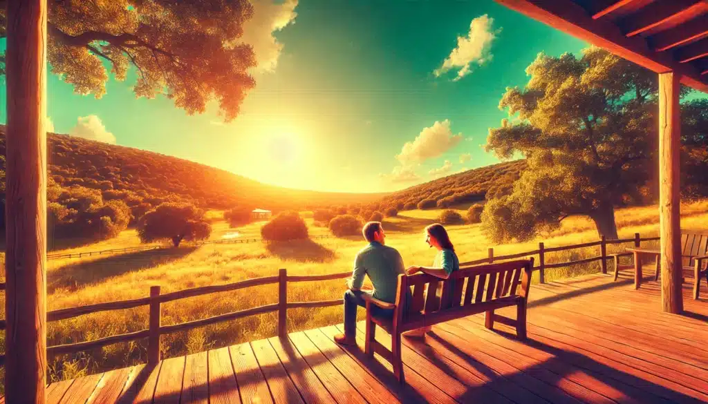 Wide-angle, photo-realistic, cinematic image with summer vibes. A serene, inviting Texas landscape under a bright summer sky. In the foreground, a comforting scene with a relaxed couple sitting together outdoors on a sunlit wooden bench near a peaceful Texas hillscape. They’re engaged in a supportive conversation, symbolizing guidance and understanding. The background features warm summer colors, with green trees and sunlit fields that add a tranquil atmosphere to the scene. The image feels calming, capturing the spirit of overcoming fears and finding support under the Texas sun.