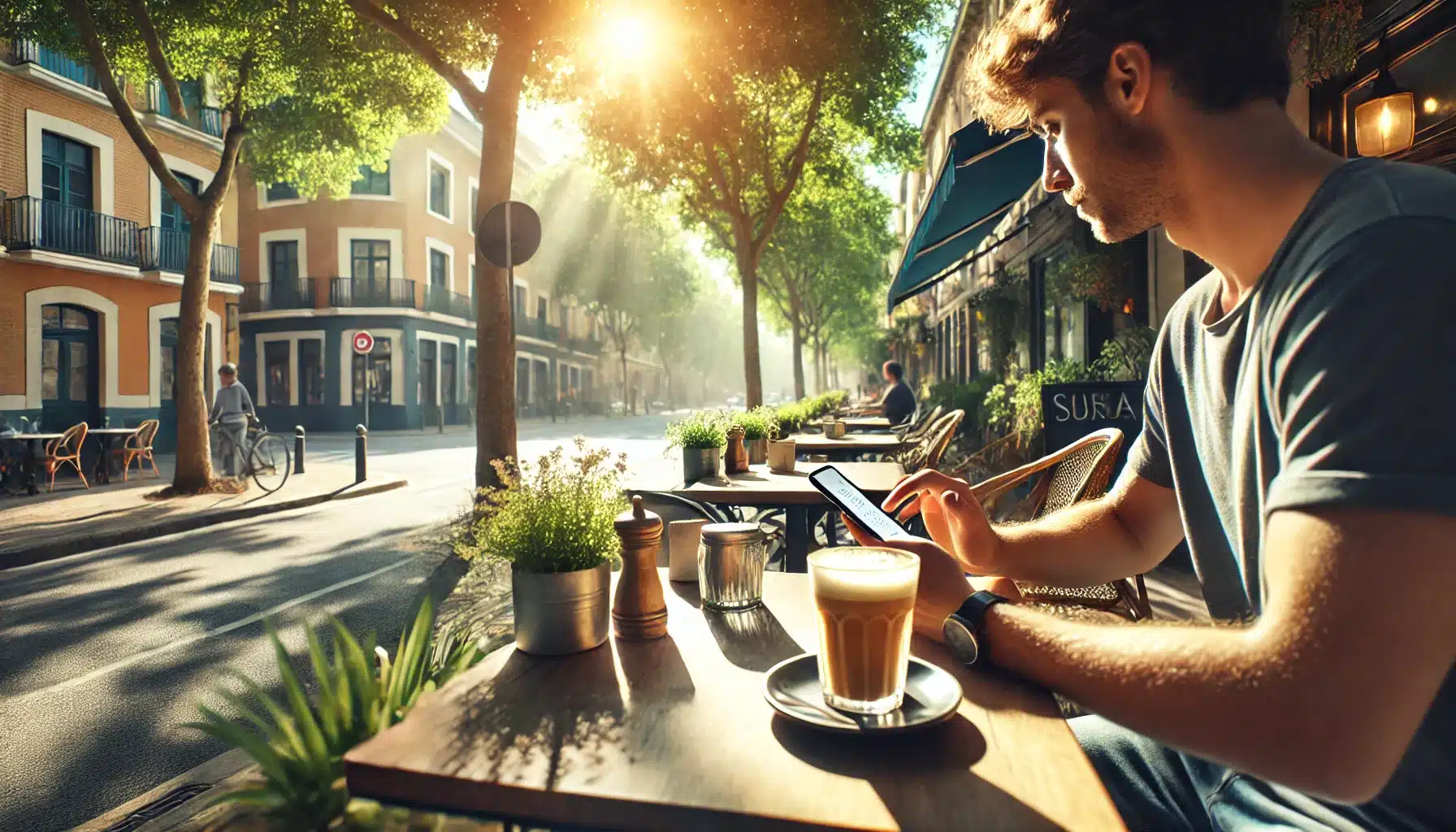 Young man using smartphone at outdoor café table with coffee, surrounded by greenery and sunlight, illustrating a relaxed urban atmosphere.