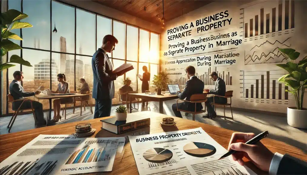 A wide-angle, photo-realistic, cinematic summer scene illustrating the challenges of proving a business as separate property in Texas, with a focus on business appreciation during marriage. The image features a business owner in a modern office, looking at financial documents and a legal contract labeled 'Business Property Dispute.' Across the desk, a divorce attorney and forensic accountant are reviewing charts and valuation reports. In the background, a blurred image of a spouse and legal advisor signals the ongoing debate. The warm summer sunlight streams through floor-to-ceiling windows, creating a contrast between the bright day outside and the tense atmosphere inside.