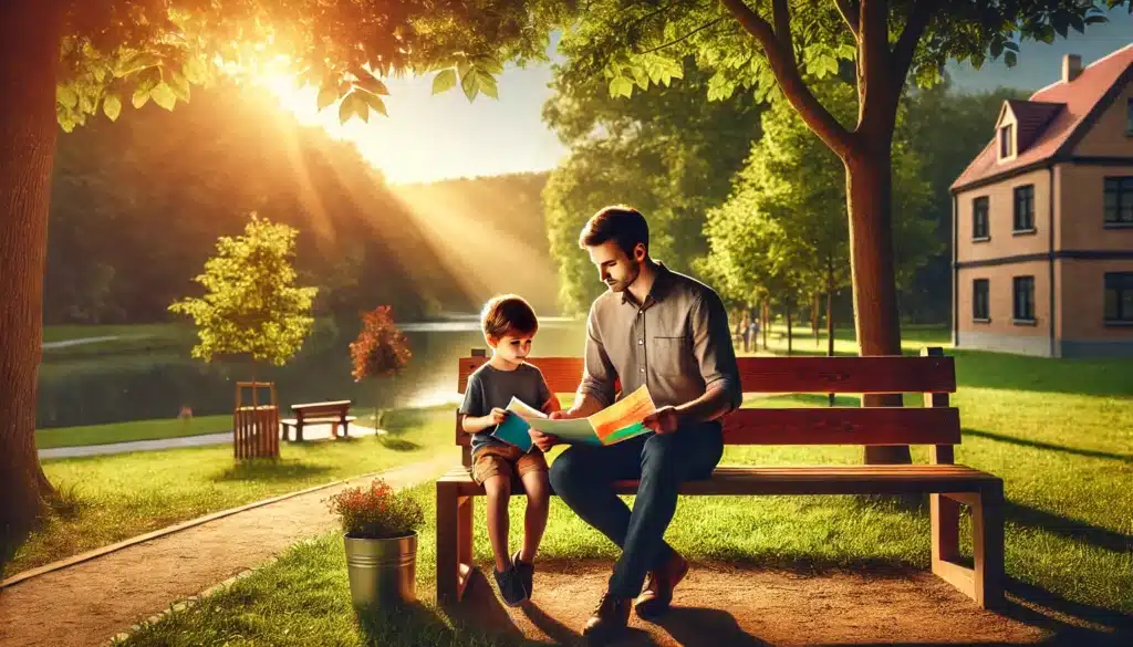 A cinematic, wide-angle, photo-realistic image of a parent sitting with a child at an outdoor summer park bench, reviewing documents together. The scene is warm and inviting, with vibrant greenery, soft sunlight filtering through the trees, and a calm lake in the background. The parent looks attentive and caring, symbolizing the prioritization of the child’s best interests in custody arrangements. The child is engaged, holding a colorful book, adding a sense of balance and focus on family well-being. The setting conveys a mix of responsibility and nurturing in a serene summer atmosphere.