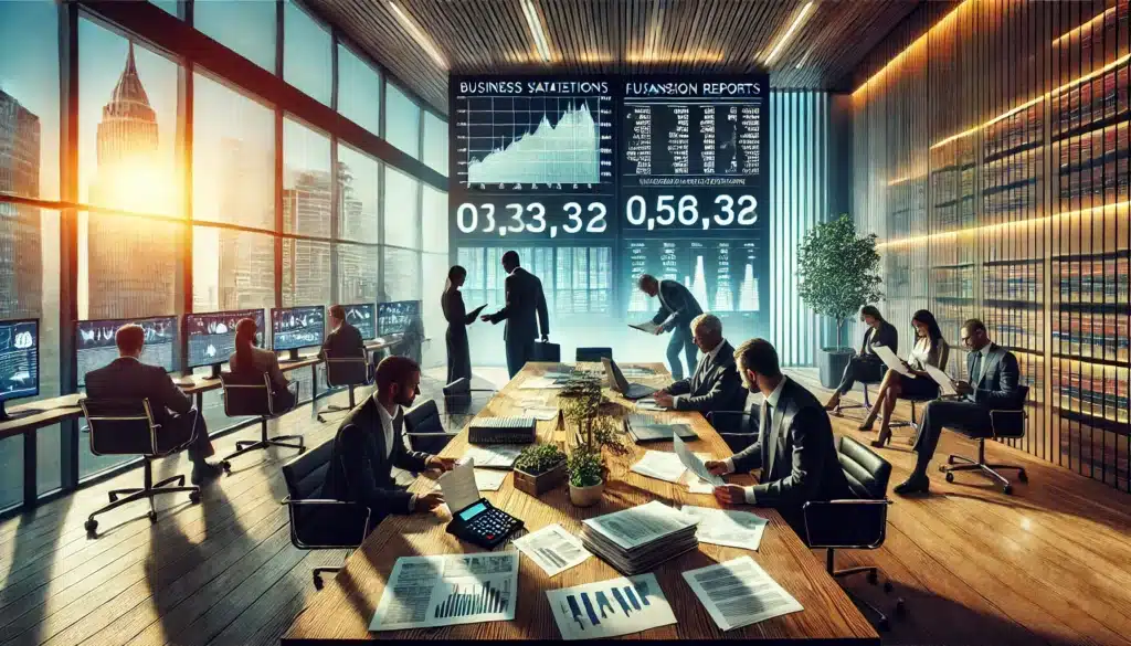 A wide-angle, photo-realistic, cinematic image with summer vibes, captured in the style of a Sony Alpha A7 III wide-angle lens camera. The scene depicts a tense legal setting where a business owner and their attorney are reviewing financial statements and valuation reports in a modern, sunlit conference room. On the other side of the table, an opposing attorney and a forensic accountant examine business records, symbolizing the challenges in business valuation disputes during divorce proceedings. A large screen displays fluctuating valuation figures and financial discrepancies. The atmosphere is serious, highlighting the complexity and high stakes of dividing business assets. The background features large windows with a view of a city skyline, reinforcing the professional and legal context.