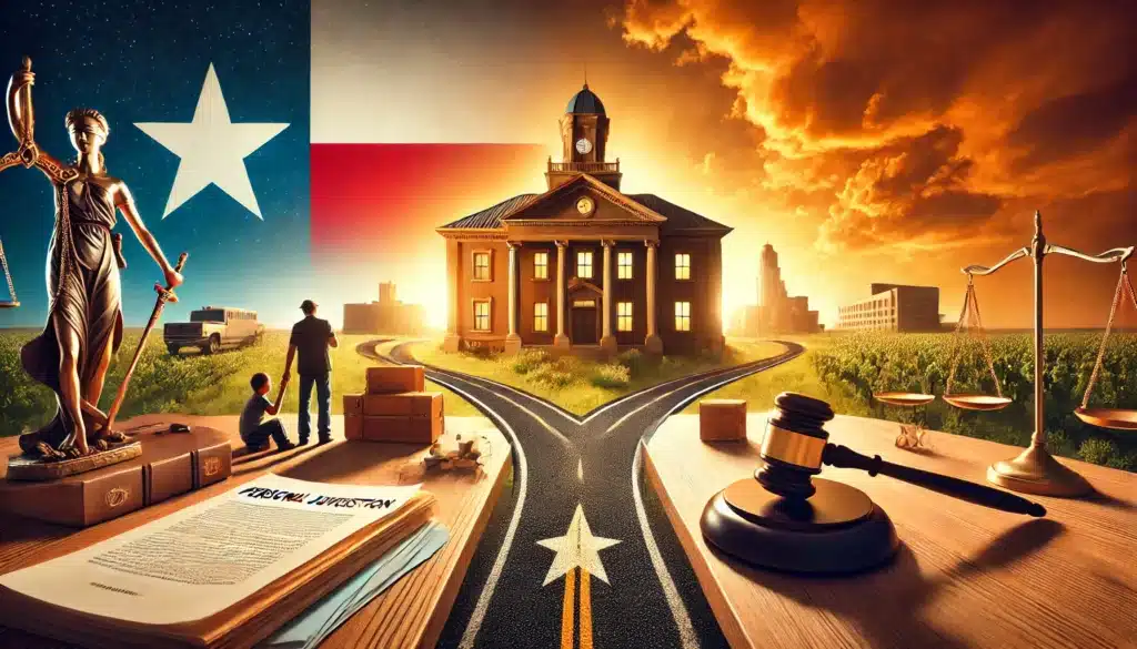 A wide-angle, photo-realistic, cinematic image with summer vibes. A symbolic representation of personal jurisdiction in Texas family law. The scene features a Texas courthouse with a glowing sunset in the background. A divided road leads to two different states, symbolizing jurisdictional disputes. In the foreground, a judge's gavel rests on legal documents, while a worried parent stands on one side and an attorney gestures towards the courthouse on the other. The atmosphere is warm and dramatic, emphasizing the high stakes of legal authority in family cases.