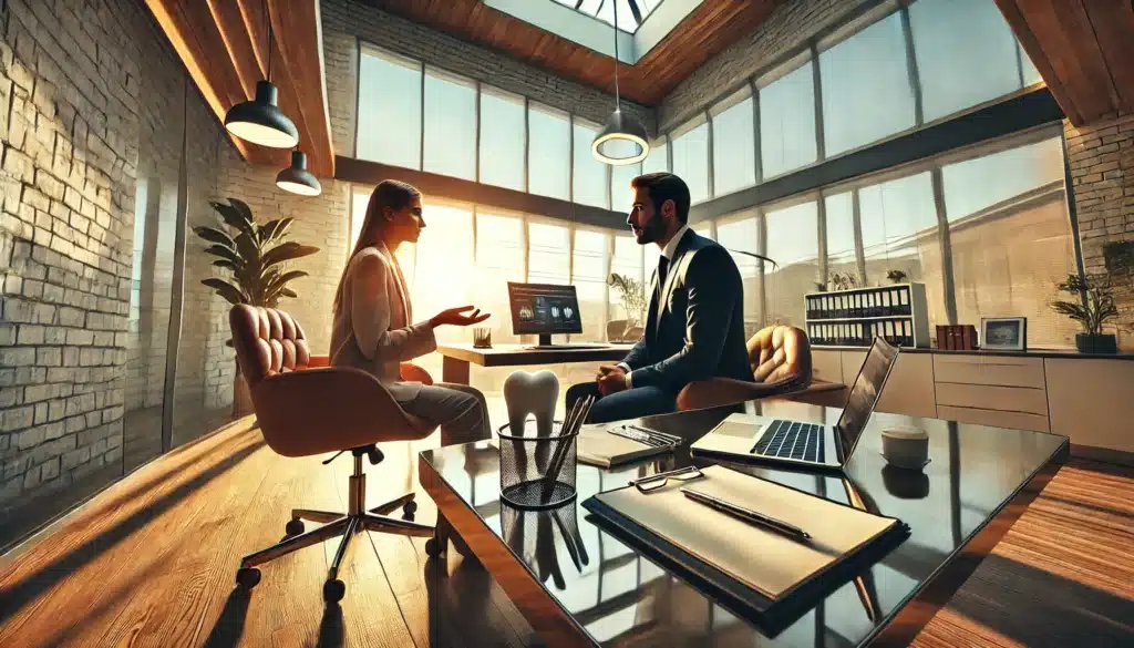 A wide-angle, photo-realistic, cinematic image with summer vibes, capturing a professional legal consultation between a dentist and a divorce attorney in a modern, well-lit office. The dentist sits across from the attorney at a polished desk, with legal documents, a laptop, and a coffee cup placed neatly. The attorney gestures thoughtfully, offering advice, while the dentist listens intently. Large windows let in natural sunlight, creating a warm and professional atmosphere. The scene emphasizes collaboration and decision-making during a challenging time.
