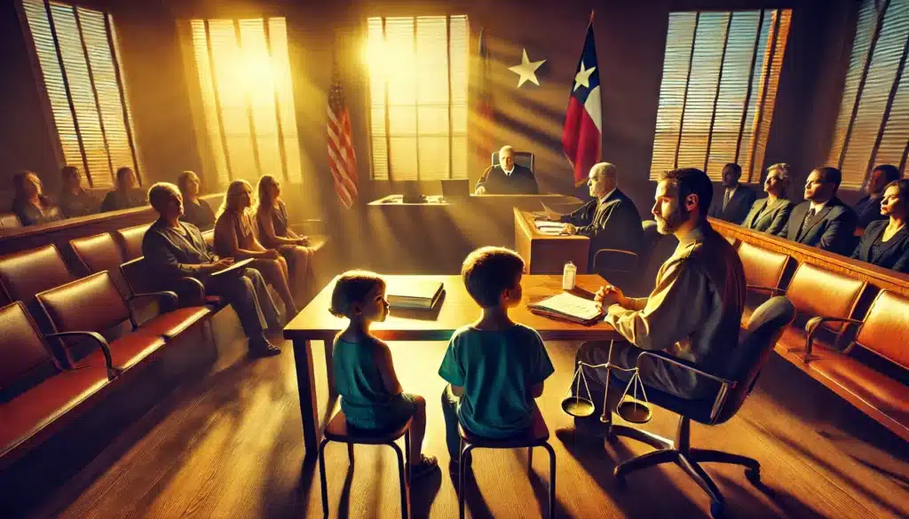 A cinematic, wide-angle, photo-realistic image depicting challenges faced in Texas custody battles regarding children's welfare. The scene shows a family court setting with parents on opposite sides, a child sitting with a counselor or Guardian ad Litem, and a judge presiding over the case. The summer vibes are captured through sunlight streaming through courthouse windows, creating a warm, golden hue. The image emphasizes emotional tension and the focus on the child's well-being, with subtle details like concerned expressions, documents on the table, and the Texas flag visible in the background. The atmosphere conveys seriousness and hope.