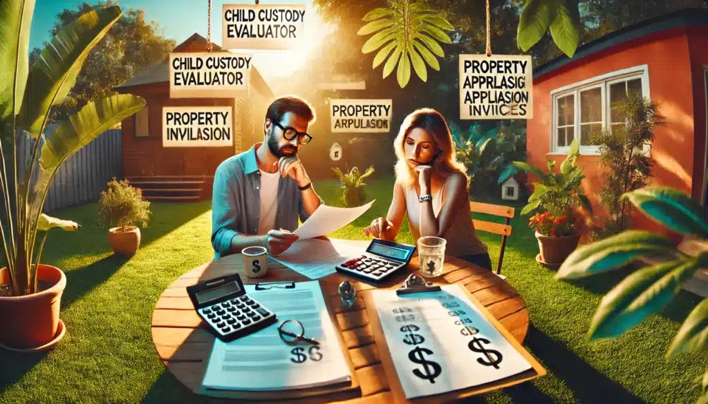 A wide-angle, photo-realistic, cinematic image with summer vibes. The scene depicts a couple sitting at a table outdoors, surrounded by documents and bills, looking concerned as they calculate expenses. In the background, symbolic elements like a child custody evaluator clipboard, property appraisal forms, and legal invoices subtly suggest hidden costs associated with the divorce process. The setting features warm sunlight, vibrant greenery, and a peaceful summer ambiance, contrasting with the couple’s worried expressions. The image should feel relatable and informative, with no cameras or equipment visible.