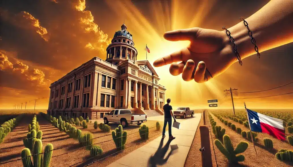 A wide-angle, photo-realistic, cinematic image with summer vibes. A symbolic representation of the Texas Long-Arm Statute and its implications for personal jurisdiction. The scene features a Texas courthouse with a dramatic sunset casting warm golden hues. A large, outstretched arm extends from the courthouse, reaching across state lines, symbolizing jurisdiction over non-residents. A confused out-of-state individual stands on the other side of the border, looking uncertain while holding legal documents. The image conveys the power and reach of Texas courts in family law cases.