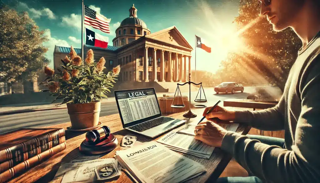 A cinematic, photo-realistic wide-angle image capturing the steps to protect financial interests during a Texas divorce. A person sits at an outdoor table under the warm summer sun, reviewing financial documents, legal contracts, and bank statements. A laptop screen displays a legal consultation, symbolizing professional guidance. In the background, a Texas courthouse looms, with the American and Texas flags waving. The atmosphere is determined and focused, evoking the importance of strategic financial planning during a divorce.