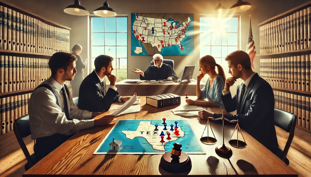A cinematic, photo-realistic wide-angle image with summer vibes. The scene depicts complications in jurisdiction cases during divorce proceedings. A tense courtroom scene shows a judge reviewing documents while attorneys on both sides debate heatedly. One side has a map of Texas with pins marking different locations, symbolizing disputed jurisdiction claims. A confused couple sits at a table, looking stressed while glancing between their lawyer and the judge. Sunlight streams through the windows, contrasting the serious mood with a bright Texas summer day outside, adding a visual tension to the unfolding legal drama.