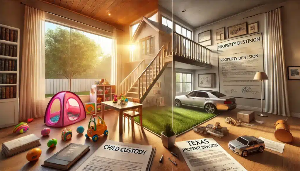 A wide-angle, photo-realistic, cinematic image artistically depicting the impact of child custody on property division in a Texas divorce case. The image shows a symbolic division of a home, where one side is devoted to the child’s room and toys, highlighting the importance of custody in the process. On the other side, assets like a car, house deed, and financial documents are displayed. The scene is set in warm summer lighting, with soft sunlight filtering through large windows. Lush greenery can be seen outside, and the overall atmosphere conveys the emotional and practical significance of child custody in property decisions.