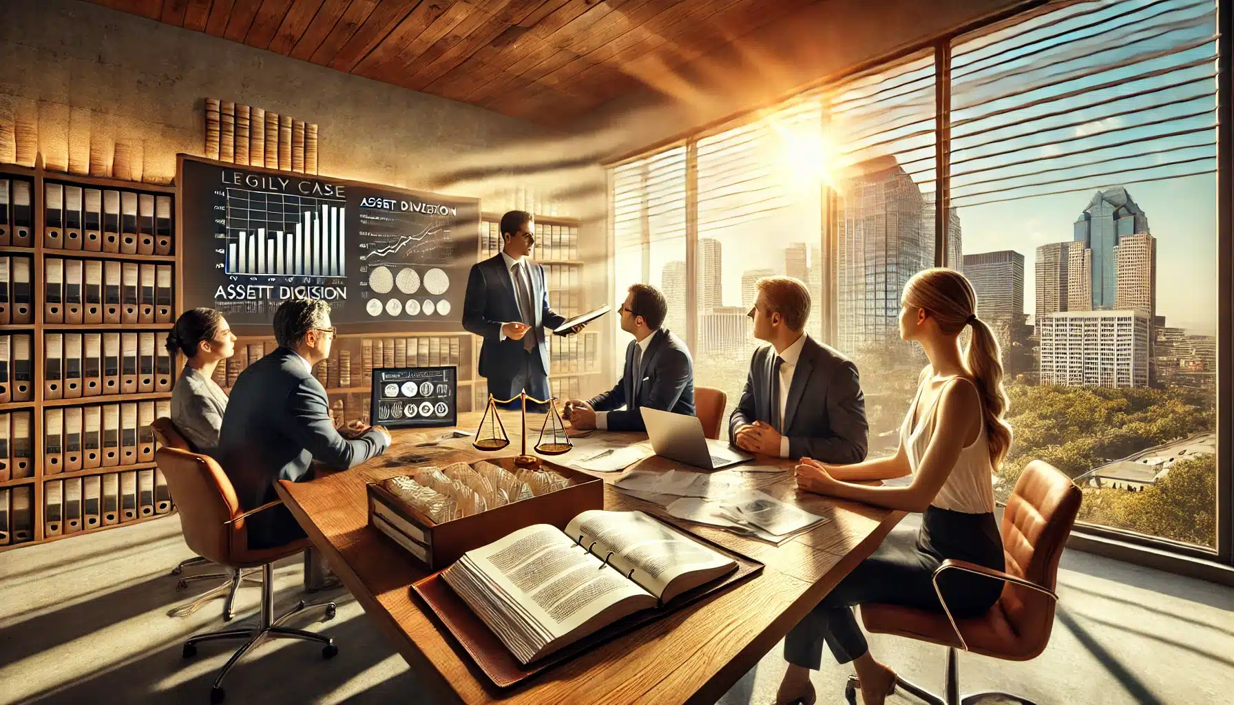 A wide-angle, photo-realistic cinematic image with summer vibes, depicting a professional office where a family law attorney is presenting real-life case studies on asset division during divorce. A large wooden desk holds open legal case files and a laptop displaying financial charts. A divorcing couple listens attentively while reviewing documents. Sunlight streams through large windows, casting a warm glow, with a Texas cityscape visible in the background, symbolizing legal expertise and strategic planning in divorce settlements.
