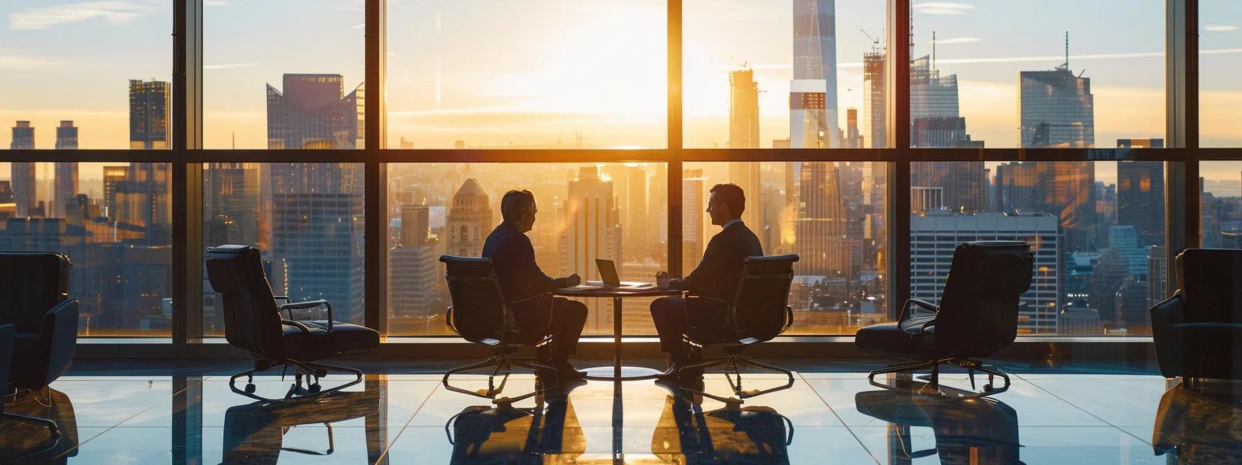 a professionally organized office conference room showcases two individuals engaged in a collaborative discussion over legal documents, highlighting their mutual agreement to end spousal support, with a large window framing the urban skyline in the background. a professionally organized office conference room showcases two individuals engaged in a collaborative discussion over legal documents, highlighting their mutual agreement to end spousal support, with a large window framing the urban skyline in the background.