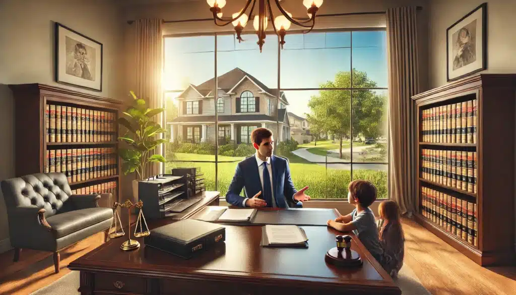 A cinematic, wide-angle, photo-realistic image of an attorney discussing CPS defense strategies in a professional office setting in Bellaire, Texas. The attorney is seated at a polished wooden desk with case files and legal documents spread out, gesturing confidently to a family across the desk. The background shows a large window with summer sunlight streaming in, highlighting green trees and suburban surroundings outside, giving a warm and approachable atmosphere.