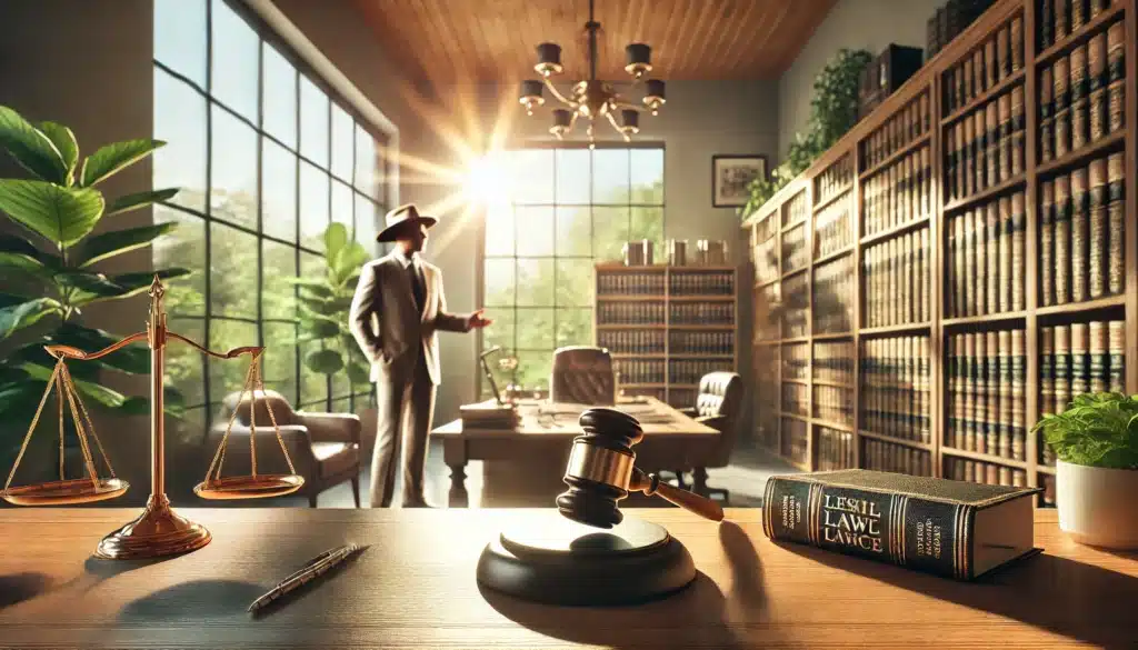 A wide-angle, photo-realistic, cinematic summer scene showing practical advice for navigating a contested divorce with a blurred image of a family law attorney in the foreground. The setting is a modern law office with a polished wooden desk, legal documents neatly arranged, and a soft focus on the attorney actively discussing legal strategies. Sunlight streams through large windows, casting a warm summer glow over the room. The background features bookshelves filled with legal books and subtle Texas-themed decor, creating an inviting and professional atmosphere.