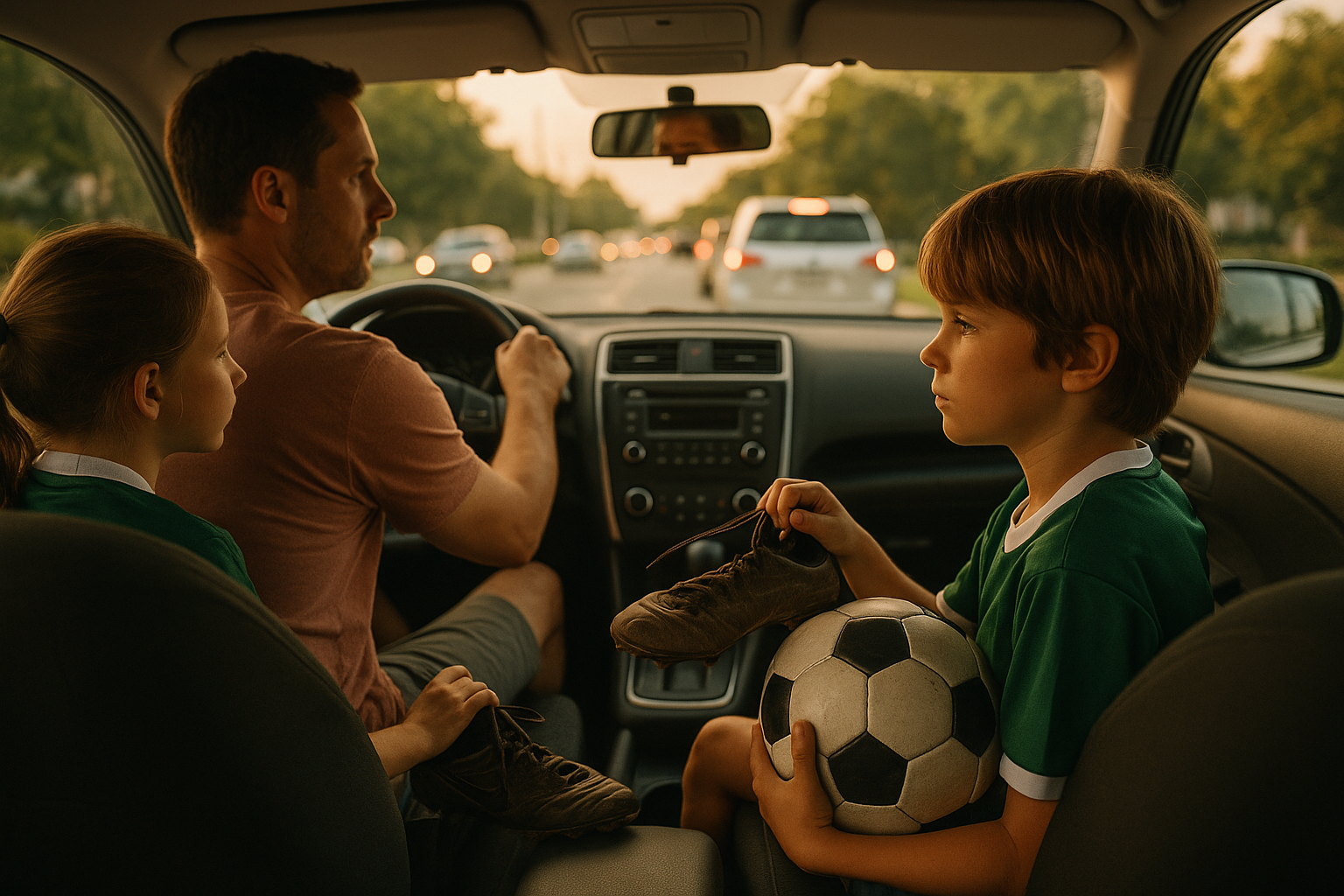 Father driving children home from soccer practice during sunset, with a boy holding a soccer ball in the back seat — representing co-parenting in Texas.