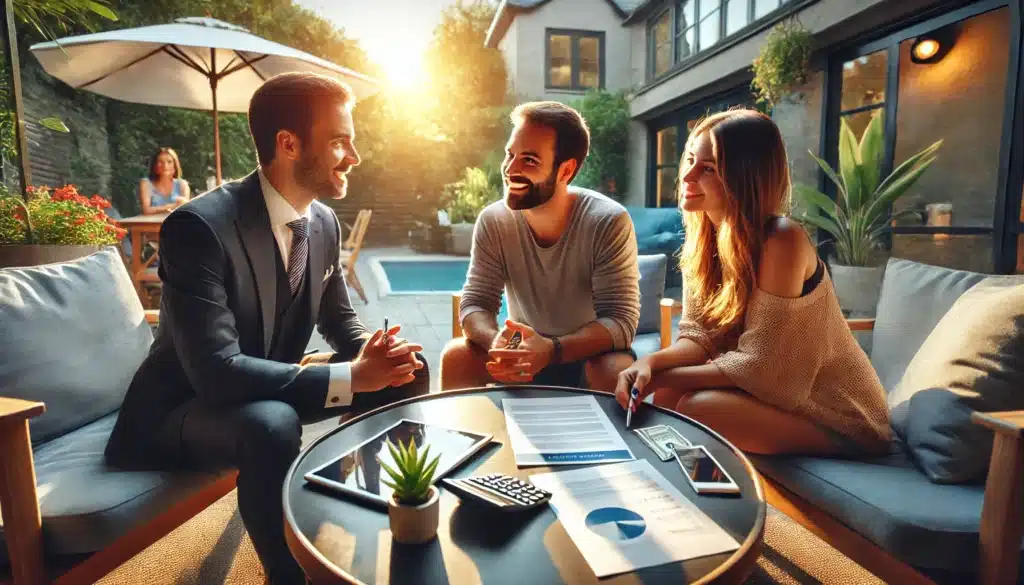 A wide-angle, photo-realistic, cinematic image with summer vibes. The scene features an outdoor patio with a professional attorney sitting across from a couple, reviewing documents together in a collaborative manner. The attorney is smiling and offering advice, while the couple looks optimistic and engaged. A tablet or laptop sits on the table with financial plans visible, symbolizing strategies to minimize divorce costs. The summer atmosphere is highlighted by warm sunlight, vibrant greenery, and a light breeze. The image conveys professionalism, approachability, and hope, with no cameras or equipment visible.