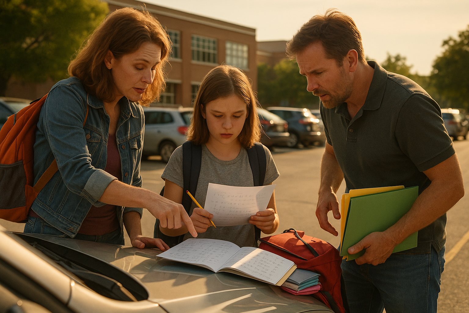 Parents helping child with math homework during a custody handoff in a Texas school parking lot, symbolizing emotional and academic challenges of divorce.
