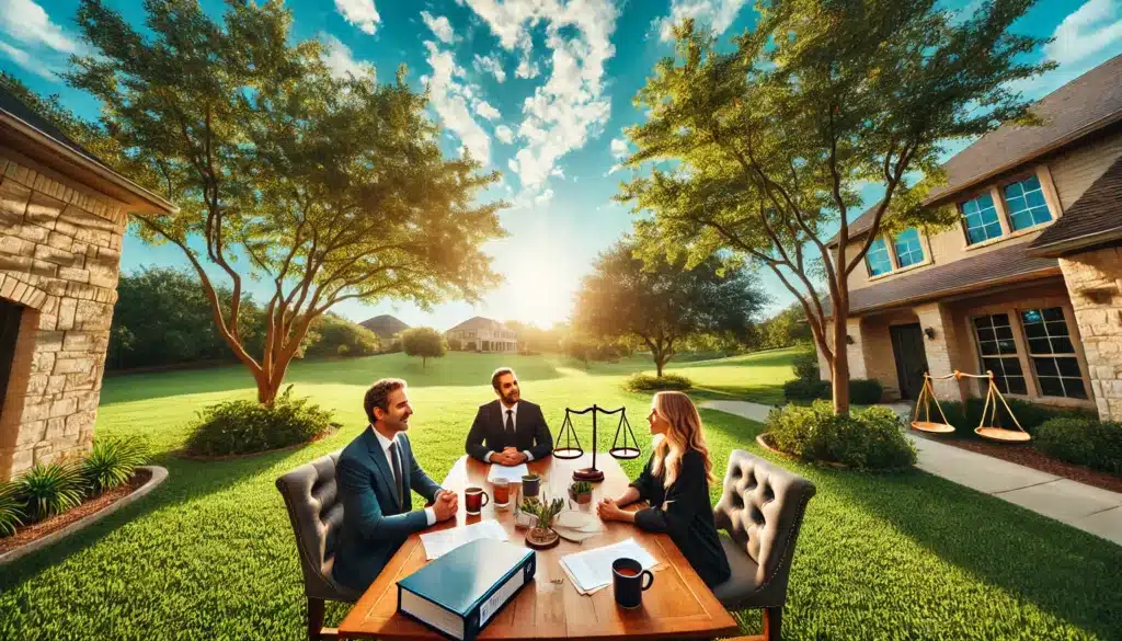 A wide-angle, photorealistic, cinematic summer image capturing the essence of a mediation scene in Texas. The scene is set outdoors under the warm sunlight with vibrant green trees and a clear blue sky. A table is in the center with legal documents, coffee mugs, and two people on each side, engaged in friendly discussion, representing mediation for family law agreements. They are calm and smiling, indicating an amicable discussion about child custody, financial support, and property agreements. The image gives a sense of collaboration, peaceful resolution, and the practical benefits of mediation. Photographed in the style of a Sony Alpha A7 III wide-angle lens.