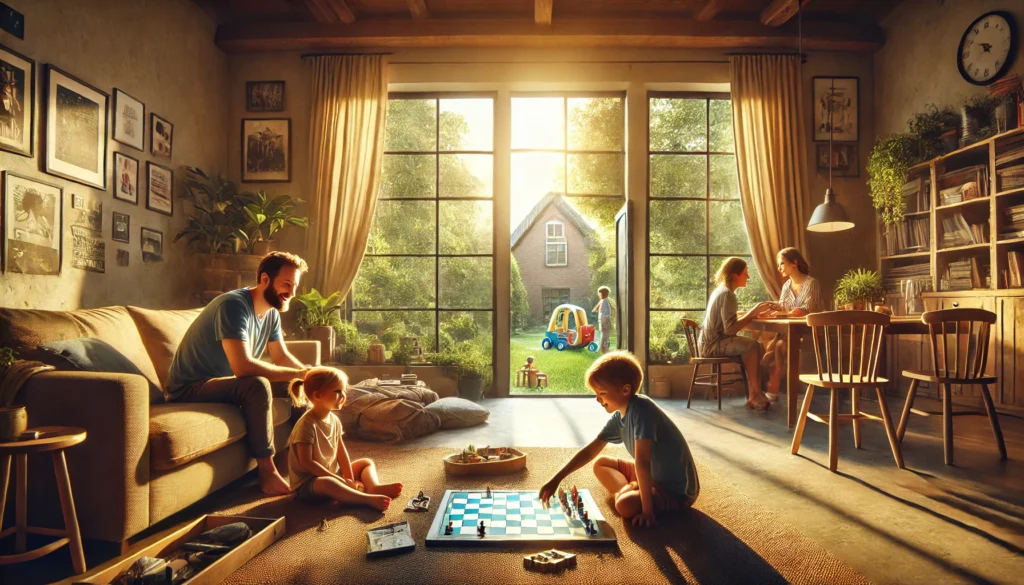 A cinematic, photo-realistic wide-angle image of a happy family scene in a stable home environment during a warm summer afternoon. The image features a father, mother, and two children, gathered in a cozy living room filled with natural sunlight streaming through large windows. The father is sitting on the floor playing a board game with his young son, while the mother sits on the couch reading a book with their daughter. The room has warm, earthy tones, with comfortable furniture, houseplants, and family photos on the walls. Through the window, a lush green backyard with children’s toys and a small garden is visible, reinforcing the sense of a stable and nurturing home.