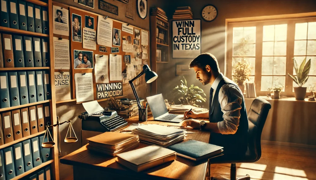 A cinematic, photo-realistic wide-angle image of a father diligently preparing for a custody case in his home office during a warm summer afternoon. The father, in his late 30s, sits at a wooden desk, surrounded by organized documents, legal paperwork, and a detailed calendar. He is reviewing notes while typing on his laptop. Nearby, a corkboard displays reminders, family photos, and positive parenting milestones. Sunlight streams through the window, casting a warm glow over the room filled with books, legal guides, and motivational quotes. The atmosphere feels determined yet calm, reflecting the father’s dedication to winning full custody in Texas.